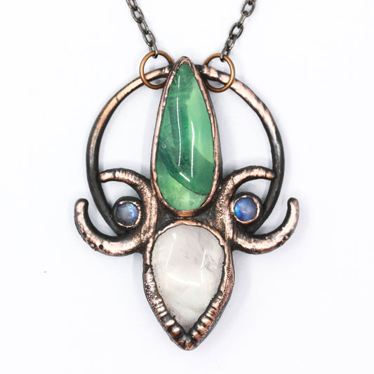 Fluorite, Rose Quartz & Moonstone Moon Necklace