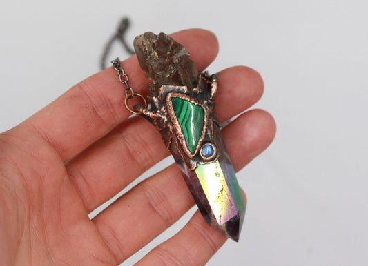 Aura Amethyst, Smoky Quartz & Malachite Necklace