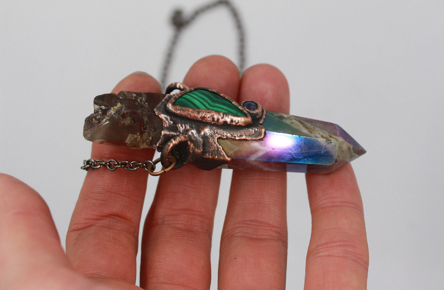 Aura Amethyst, Smoky Quartz & Malachite Necklace