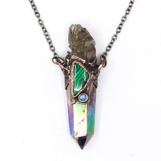 Aura Amethyst, Smoky Quartz & Malachite Necklace