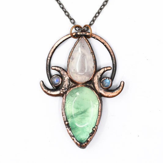 Fluorite, Rose Quartz & Moonstone Moon Necklace