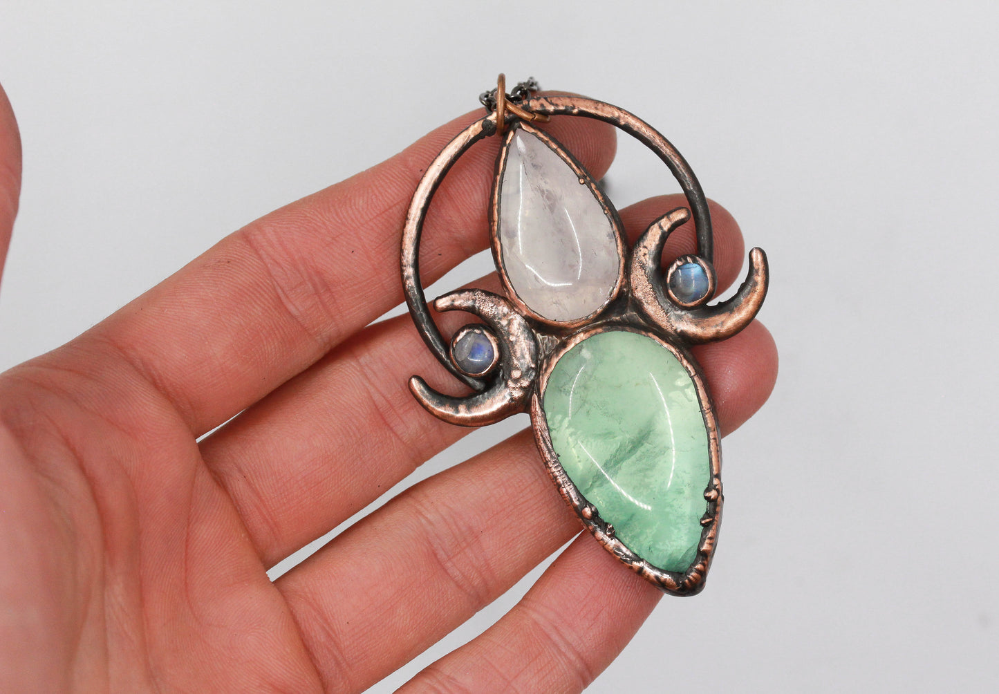 Fluorite, Rose Quartz & Moonstone Moon Necklace