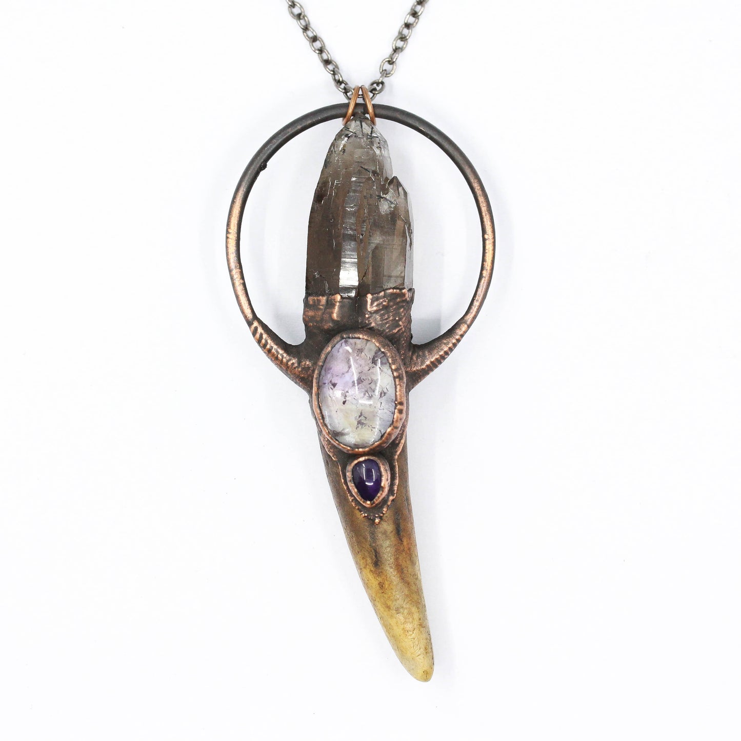 Deer Antler, Rutilated Smoky Quartz & Amethyst Necklace