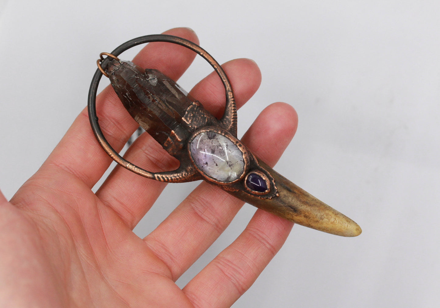 Deer Antler, Rutilated Smoky Quartz & Amethyst Necklace