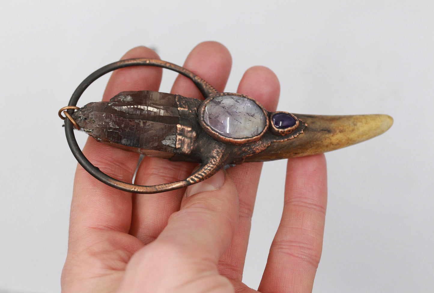 Deer Antler, Rutilated Smoky Quartz & Amethyst Necklace