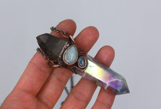 Aura Amethyst, Smoky Quartz & Moonstone necklace