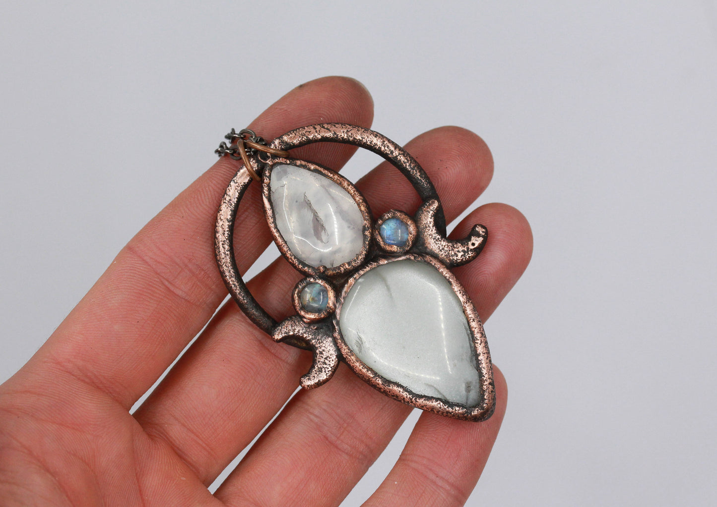 Rose Quartz & Grey Moonstone Moon Necklace