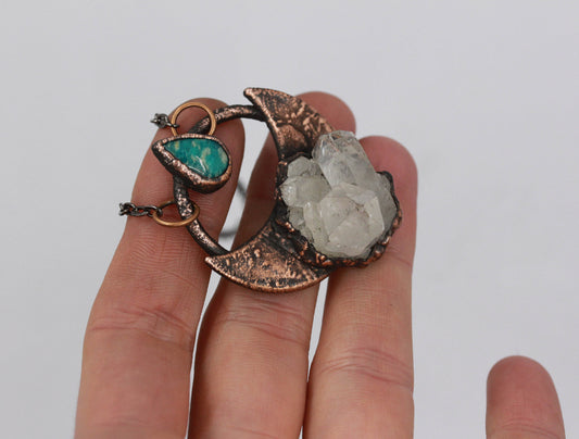 Quartz & Amazonite Moon Pendant