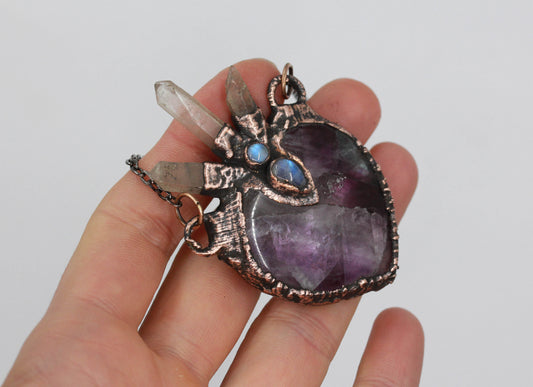 Fluorite, Quartz & Moonstone Heart Necklace