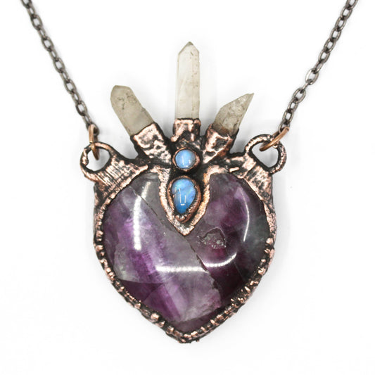 Fluorite, Quartz & Moonstone Heart Necklace