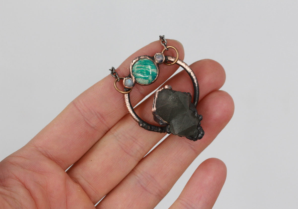 Smoky Alpine Quartz, Amazonite & Moonstone Necklace