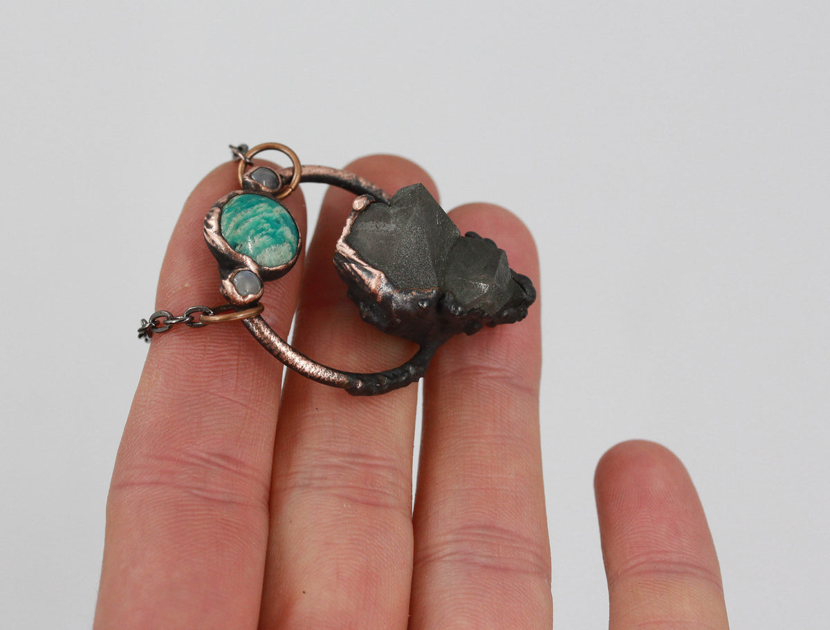 Smoky Alpine Quartz, Amazonite & Moonstone Necklace