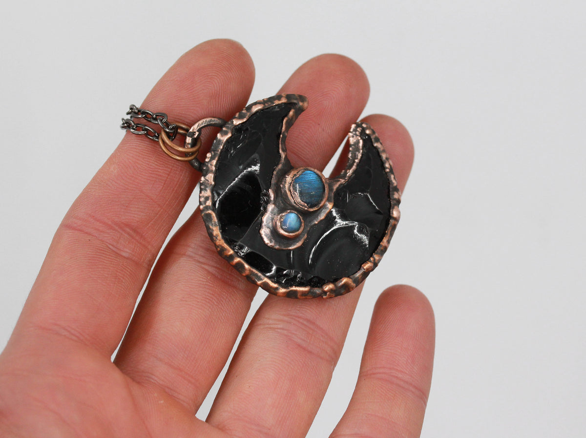 Obsidian & Labradorite Moon Necklace
