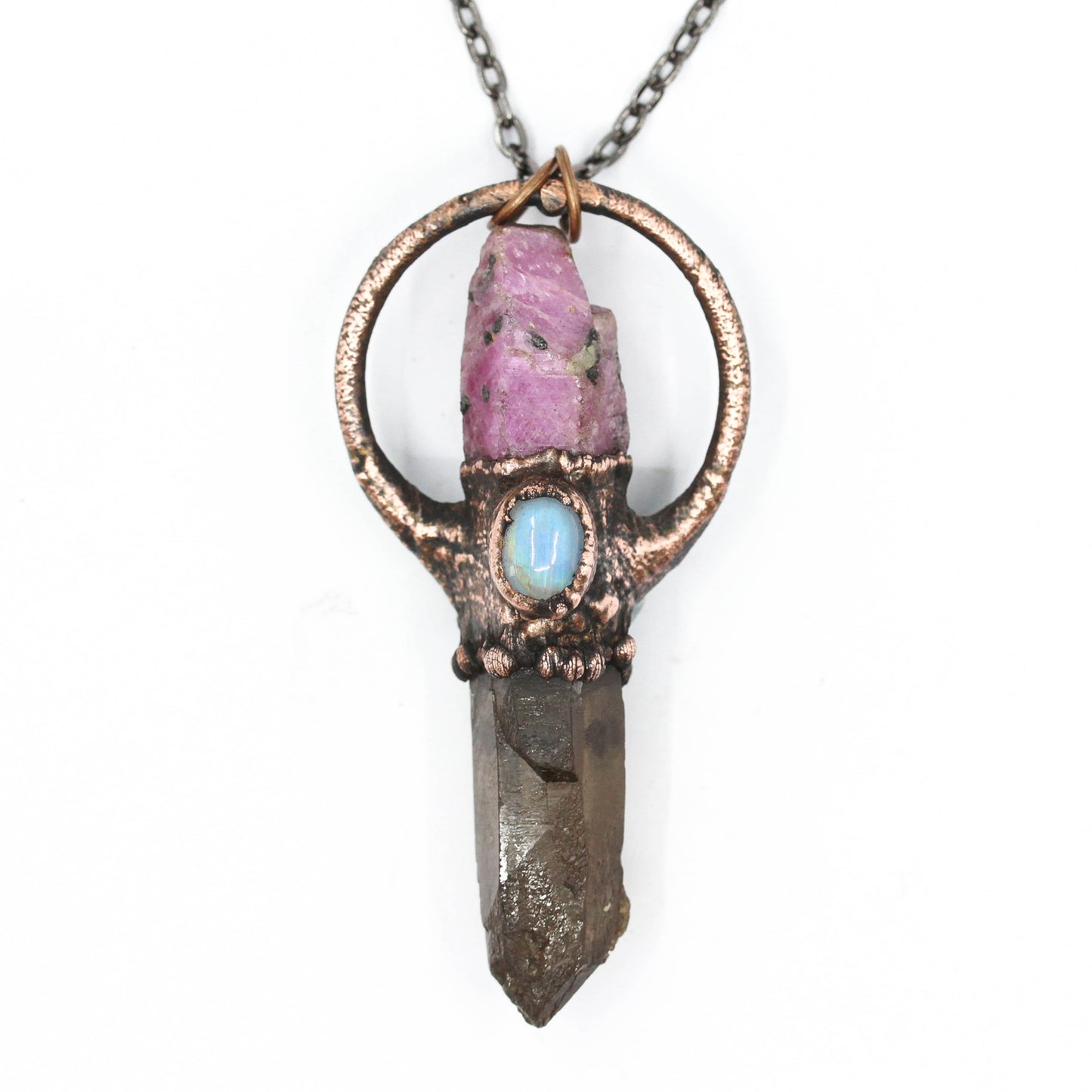 Smoky Quartz, Ruby & Moonstone Necklace