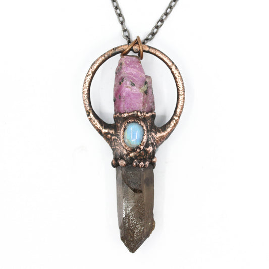 Smoky Quartz, Ruby & Moonstone Necklace