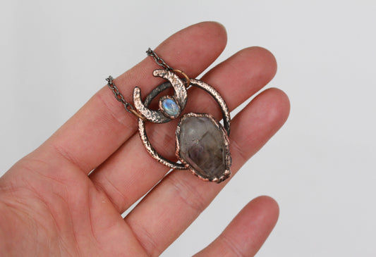 Smoky Amethyst & Moonstone Moon Necklace