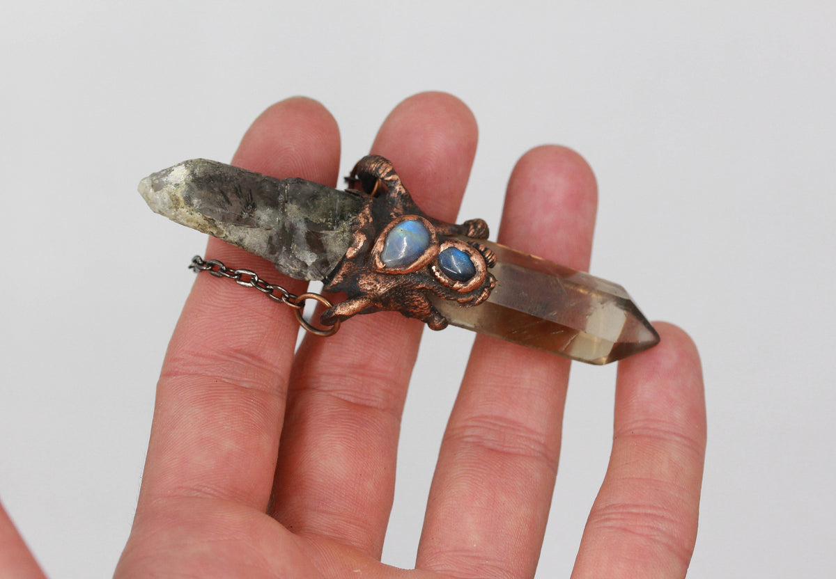 Smoky Quartz, Rutilated Quartz & Moonstone Necklace