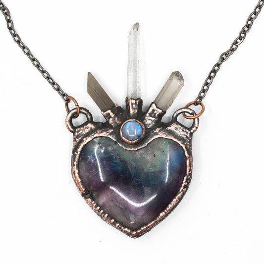 Fluorite, Quartz & Moonstone Heart Necklace