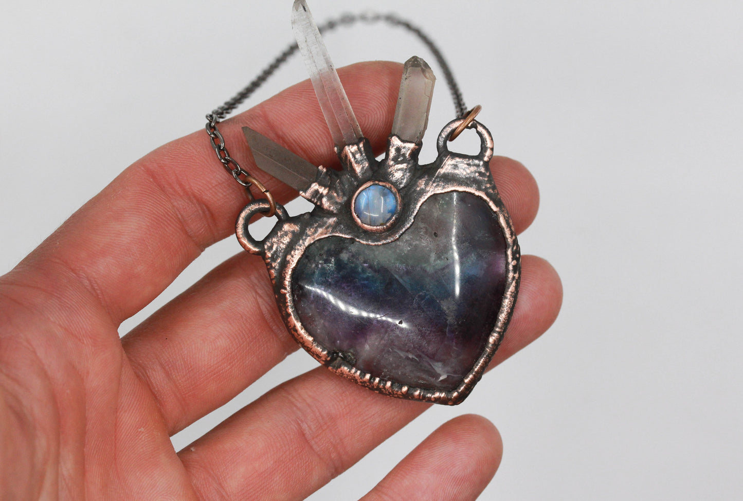 Fluorite, Quartz & Moonstone Heart Necklace