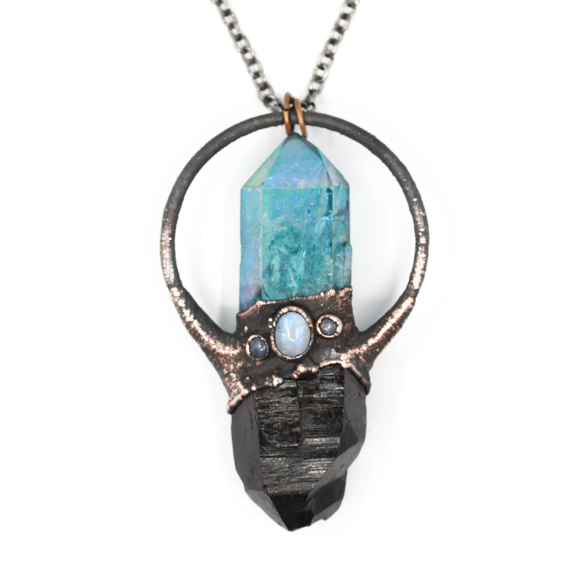 Aqua Aura Quartz, Smoky Quartz & Moonstone Necklace