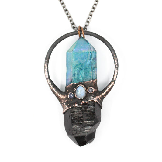 Aqua Aura Quartz, Smoky Quartz & Moonstone Necklace