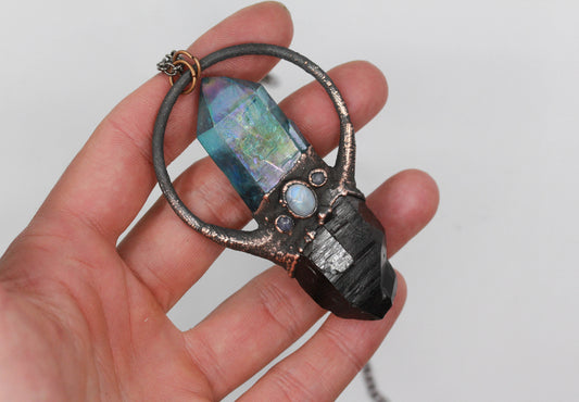 Aqua Aura Quartz, Smoky Quartz & Moonstone Necklace