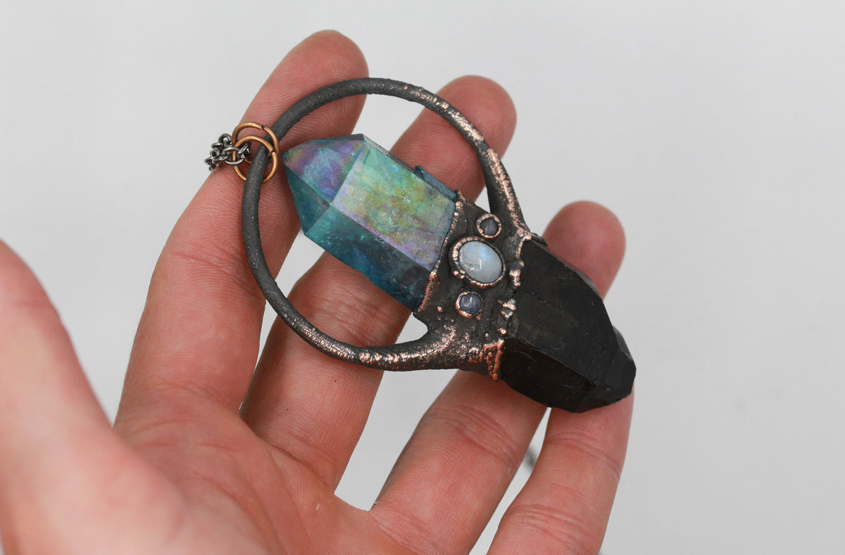 Aqua Aura Quartz, Smoky Quartz & Moonstone Necklace