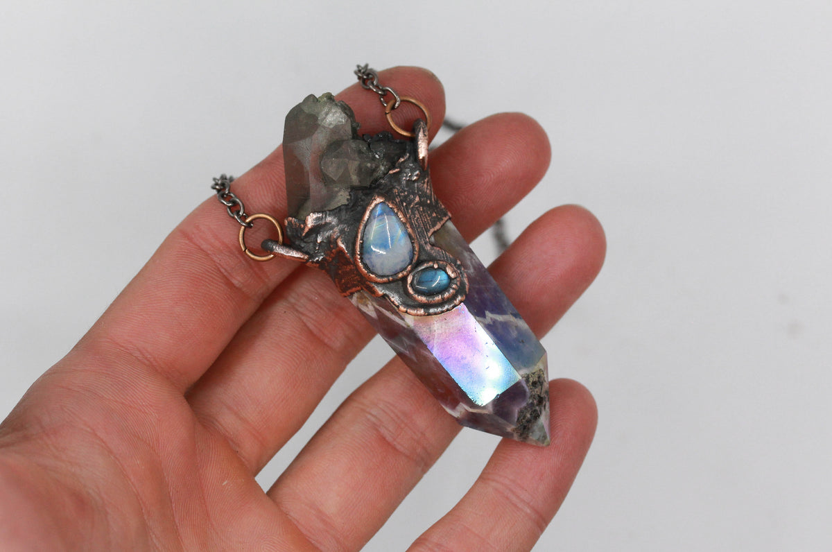 Aura Amethyst, Smoky Quartz & Moonstone necklace