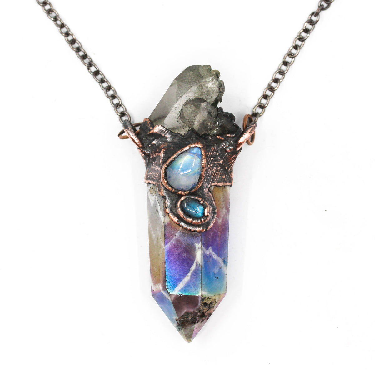 Aura Amethyst, Smoky Quartz & Moonstone necklace