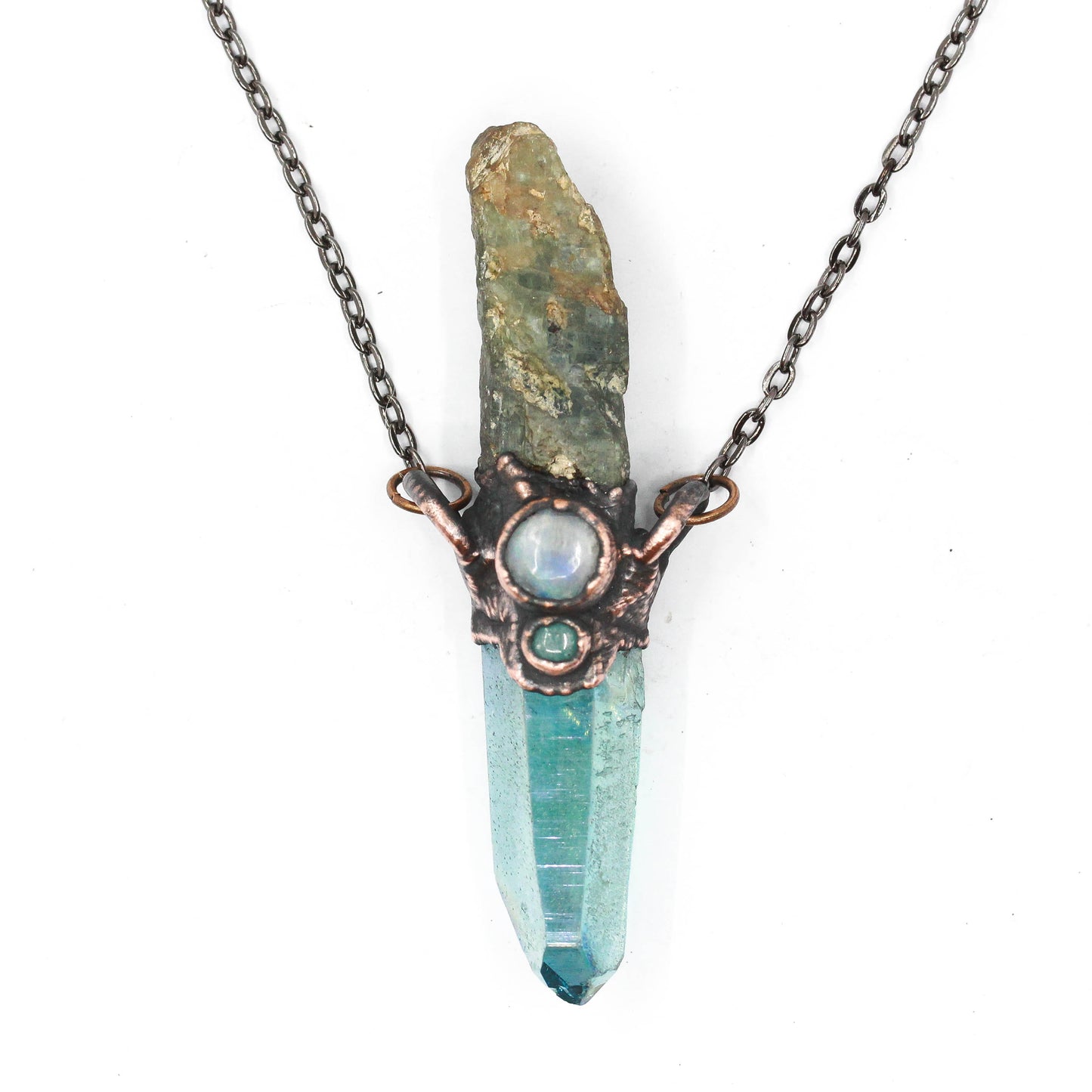 Aqua Aura Quartz, Green Kyanite & Moonstone Necklace