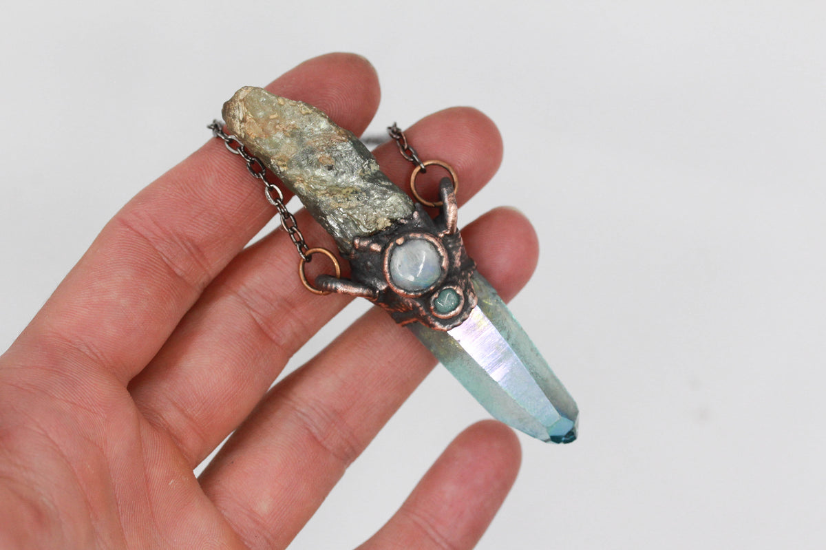 Aqua Aura Quartz, Green Kyanite & Moonstone Necklace