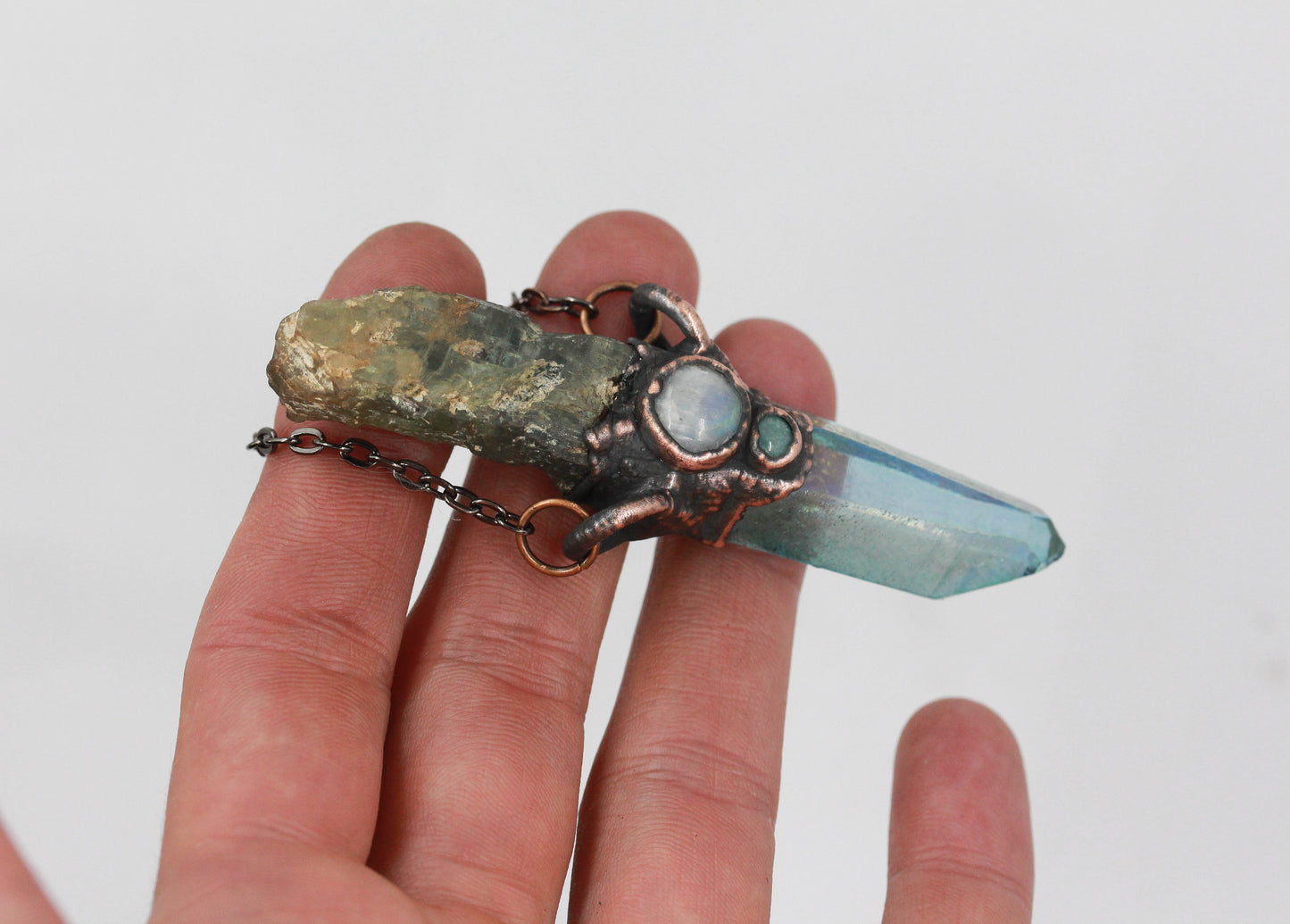 Aqua Aura Quartz, Green Kyanite & Moonstone Necklace