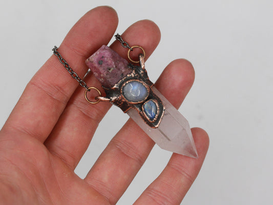 Rose Quartz, Ruby & Moonstone Necklace