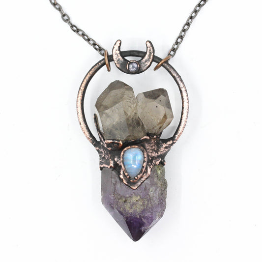 Amethyst, Smoky Quartz & Moonstone Moon Necklace
