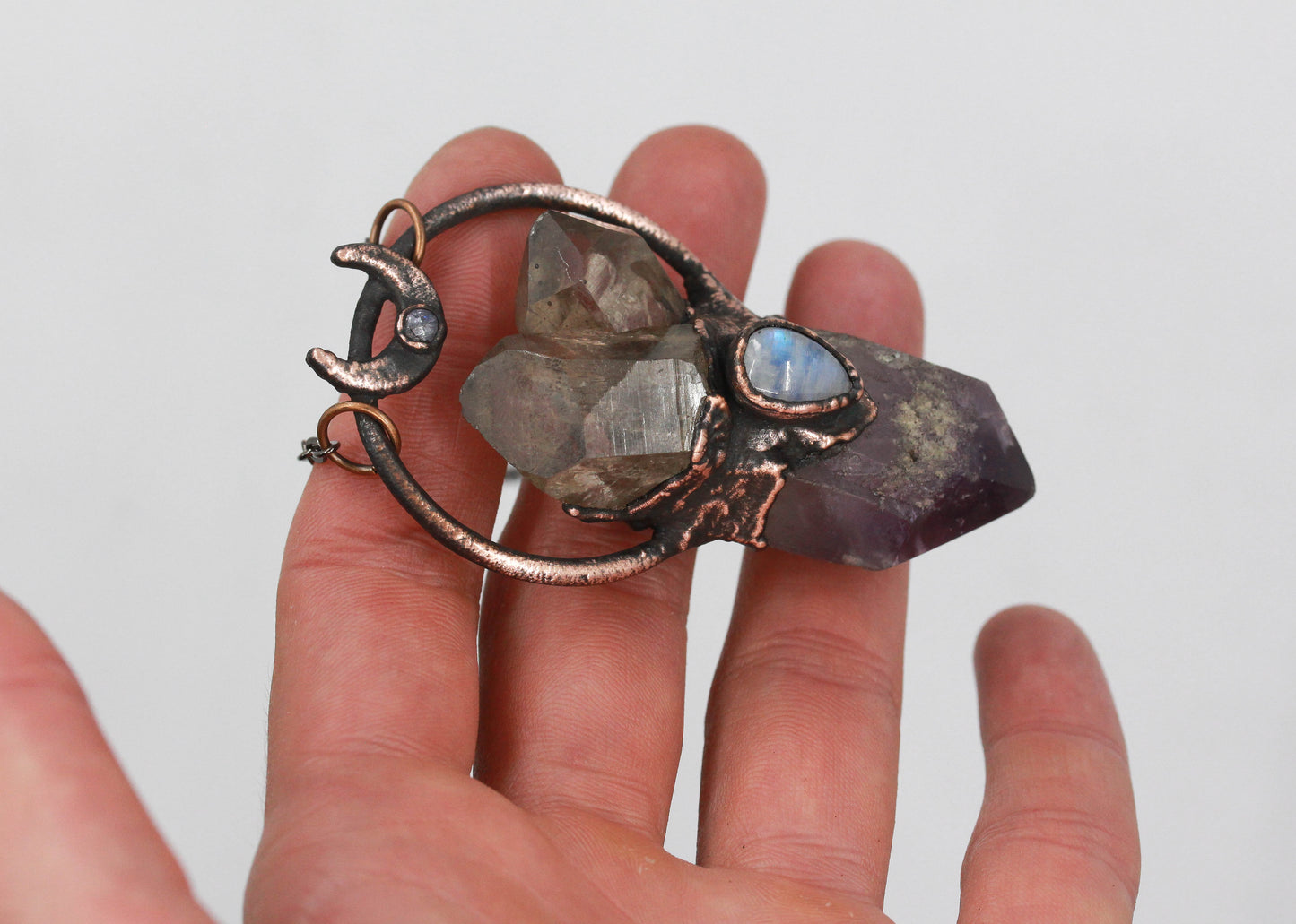 Amethyst, Smoky Quartz & Moonstone Moon Necklace