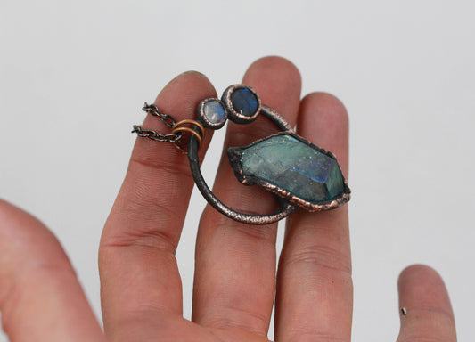 Aqua Aura Quartz, Moonstone & Labradorite Necklace