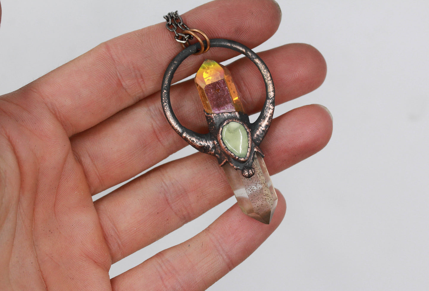 Sunset Aura Quartz, Quartz & Prehnite Necklace