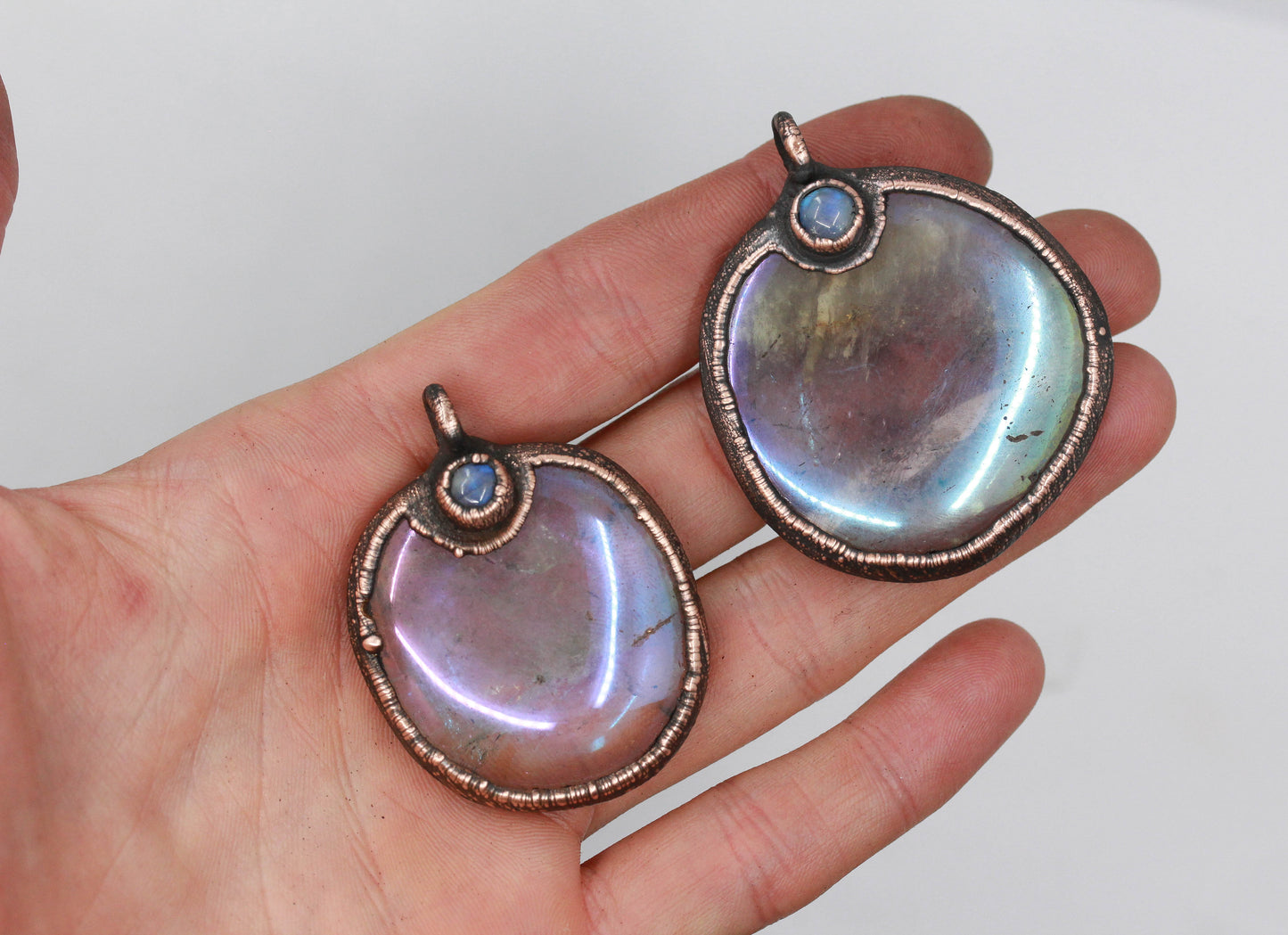 Titanium Aura Rose Quartz & Moonstone Palmstone Necklace