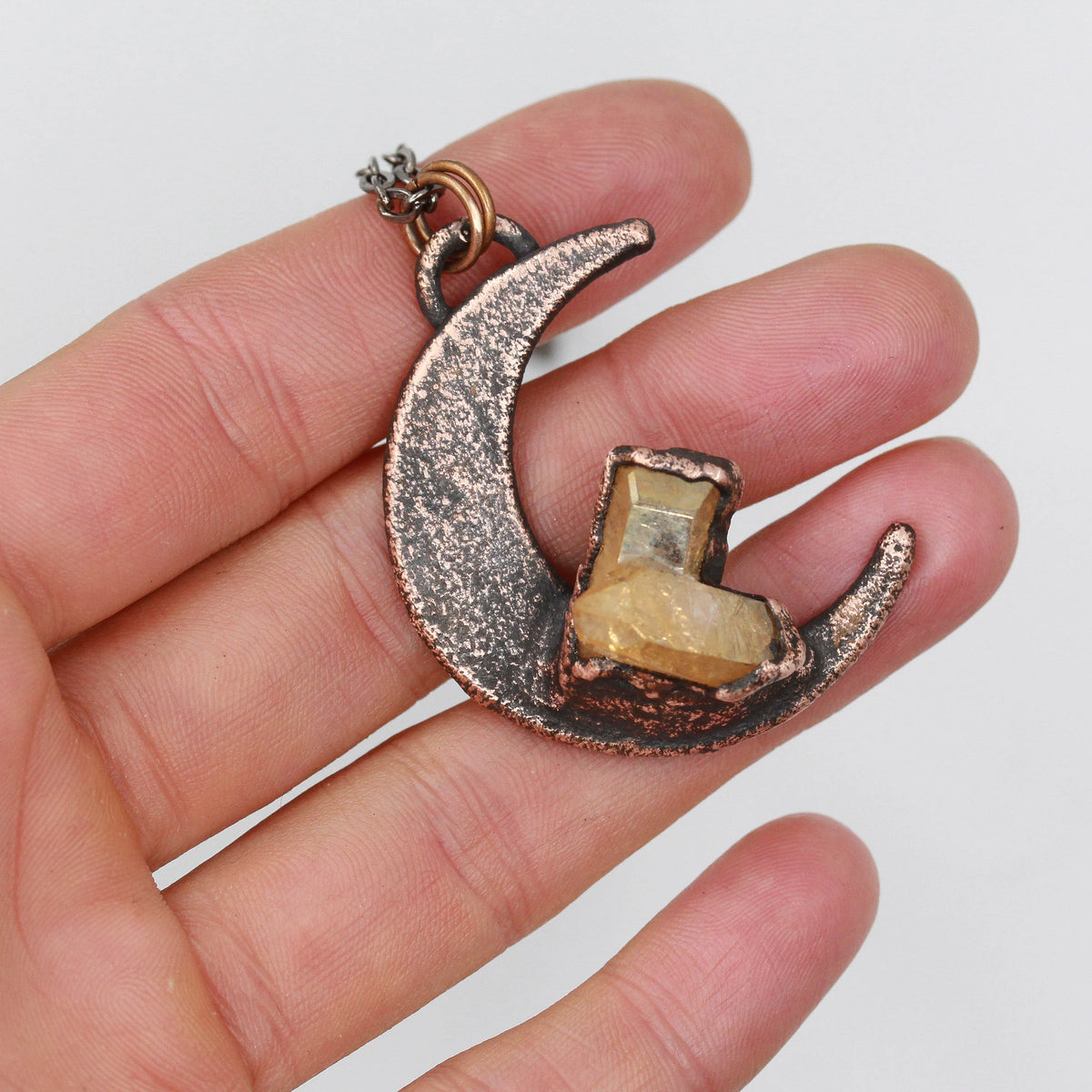 Crescent Moon & Sunset Aura Quartz Necklace