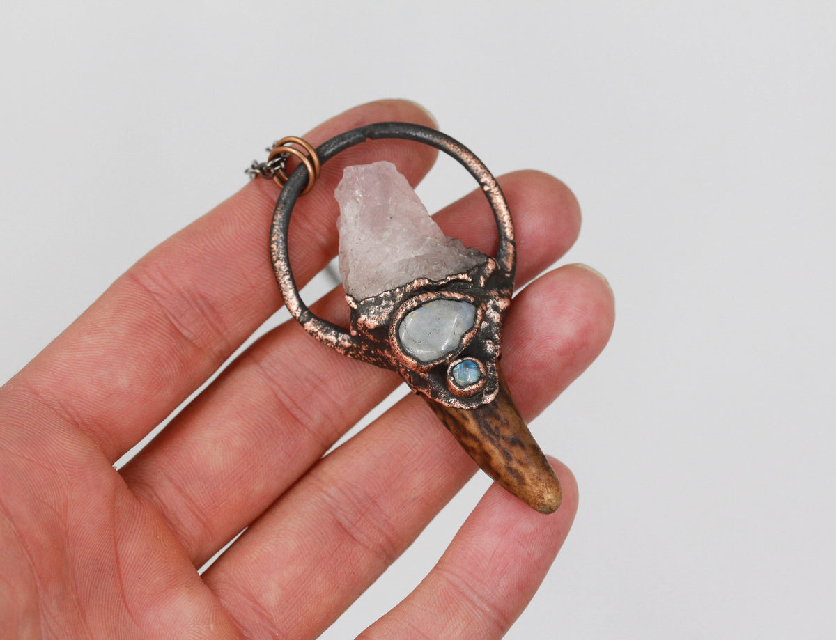 Small Deer Antler, Rose Quartz & Moonstone Necklace