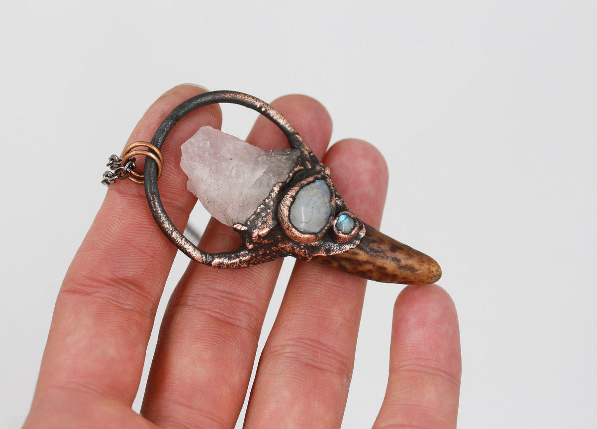 Small Deer Antler, Rose Quartz & Moonstone Necklace