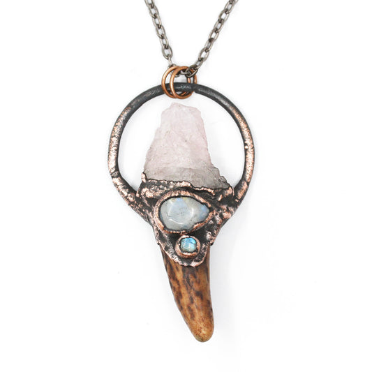 Small Deer Antler, Rose Quartz & Moonstone Necklace