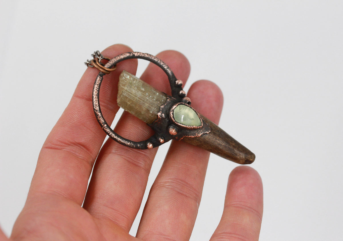 Small Deer Antler, Yellow Apatite & Prehnite Necklace