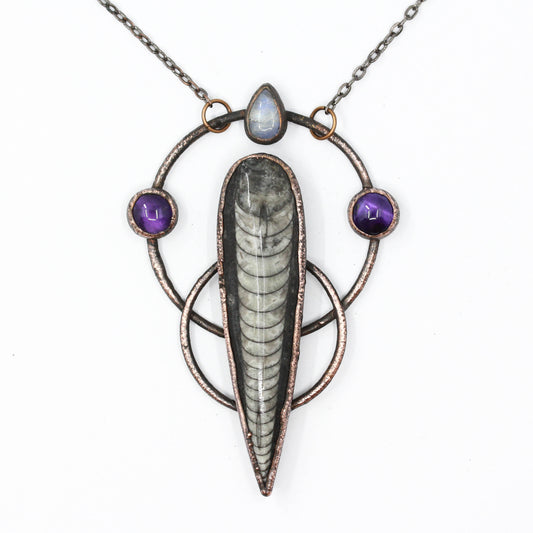 Large Orthoceras Fossil & Amethyst Necklace