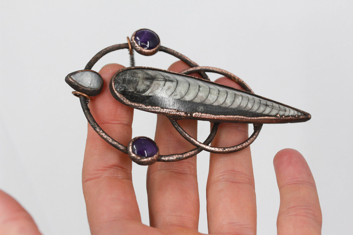 Large Orthoceras Fossil & Amethyst Necklace