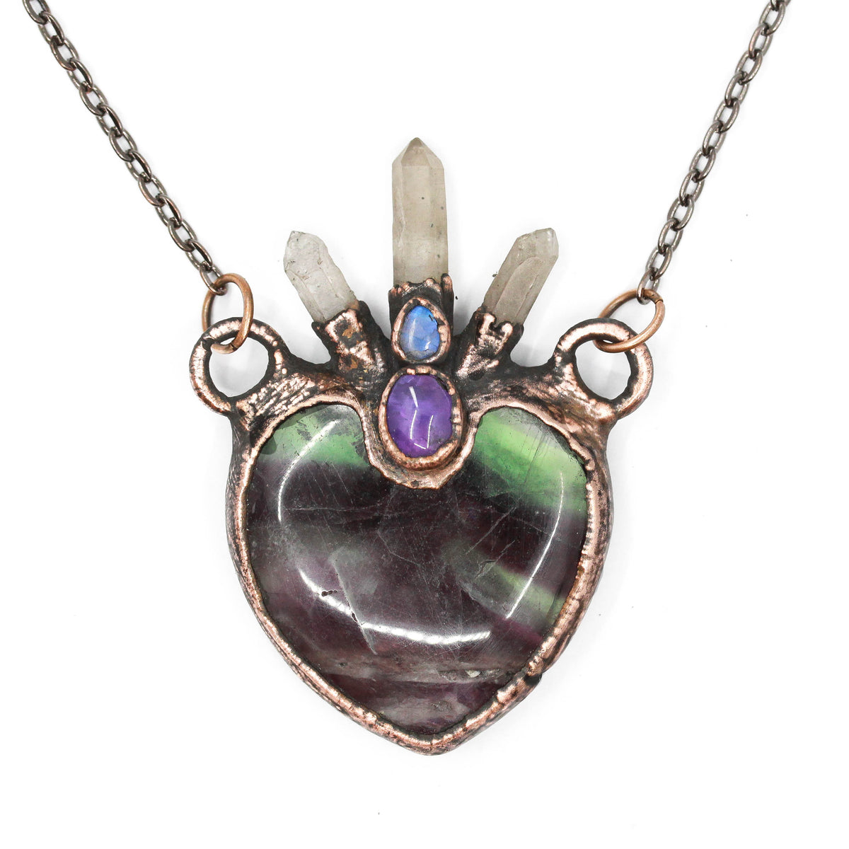 Fluorite, Amethyst & Moonstone Heart Necklace