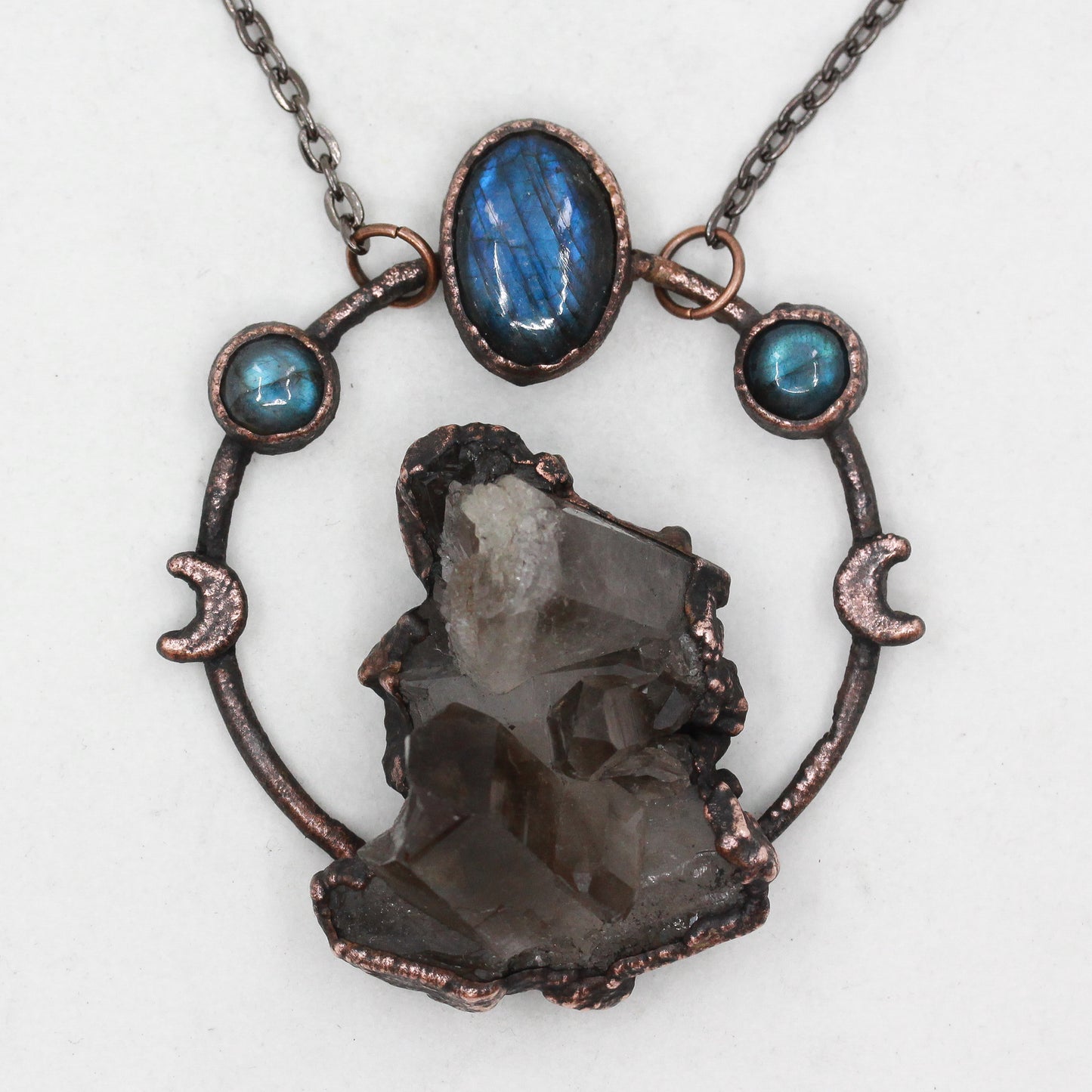 Smoky Quartz Cluster & Labradorite Crystal Moon Necklace