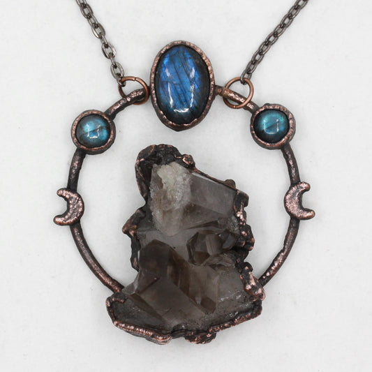 Smoky Quartz Cluster & Labradorite Crystal Moon Necklace