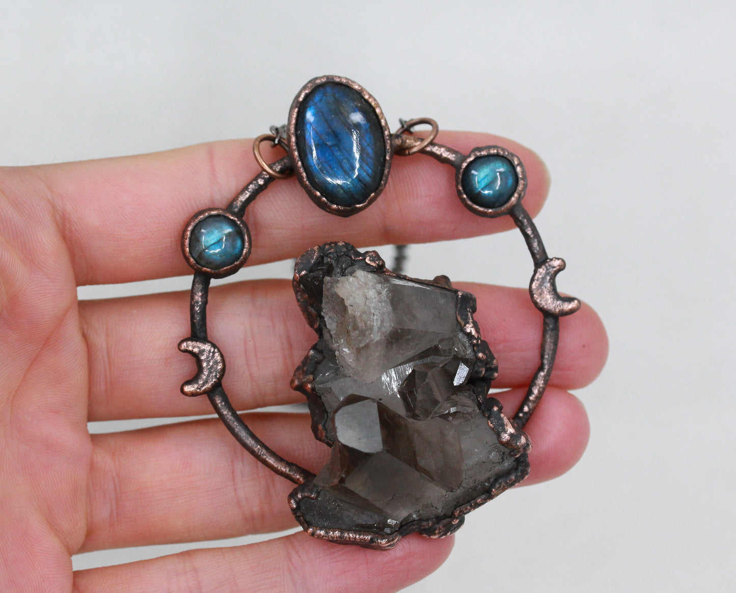 Smoky Quartz Cluster & Labradorite Crystal Moon Necklace