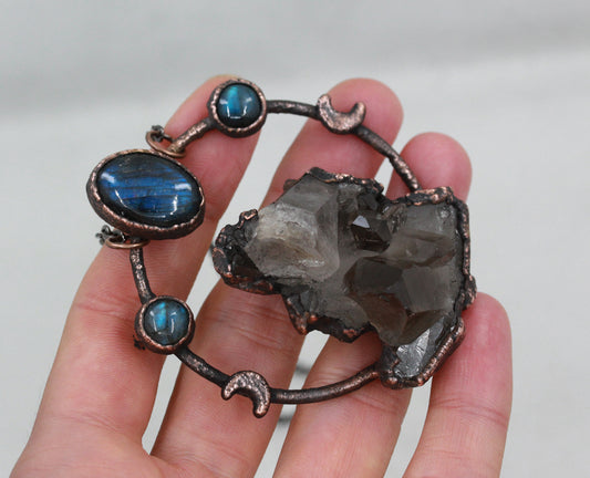 Smoky Quartz Cluster & Labradorite Crystal Moon Necklace